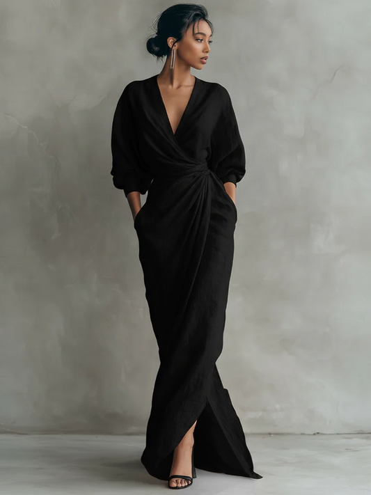 Aida | Vestido largo de lino rosa con cuello en V